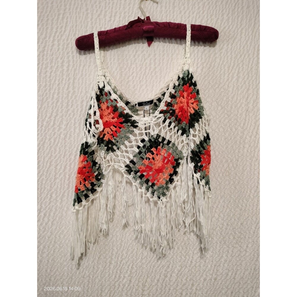 Vivid Crochet Tank Top Large Granny Square Fringe Festival Hippie Boho Beach